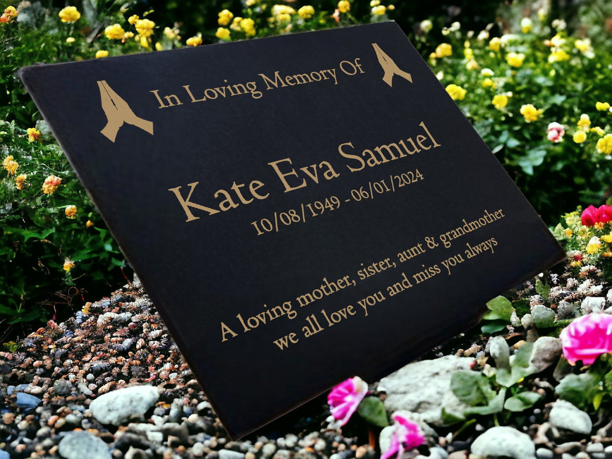 Granite Memorial Plaque, Praying Design, Personalised Engraved Tribute