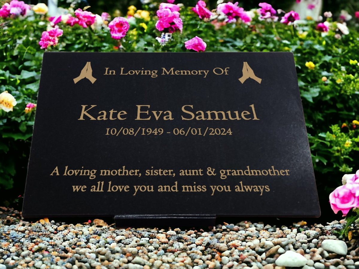 Granite Memorial Plaque, Praying Design, Personalised Engraved Tribute