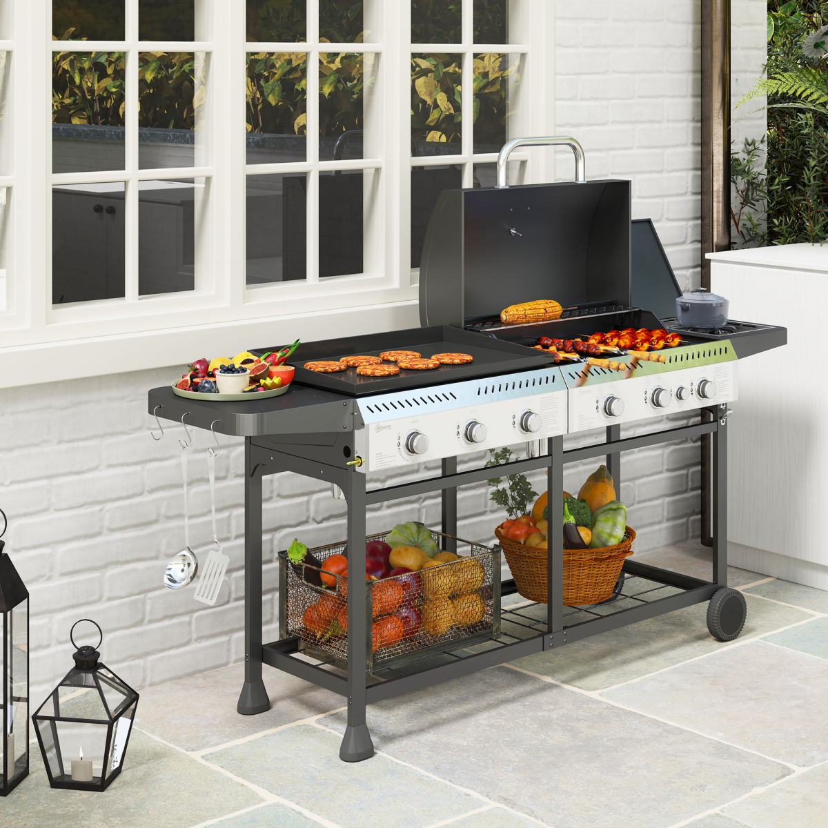 Outsunny Gas Grill and Plancha with 6+1 Burners for Garden Party Festival