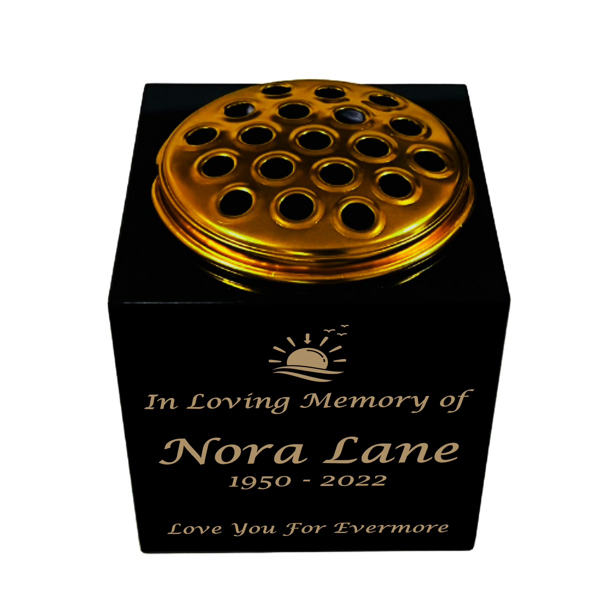 Granite Memorial Vase- Solid Granite – Free Personalised Gold Engraving, Sunset– Includes Metal Flower Pot Insert
