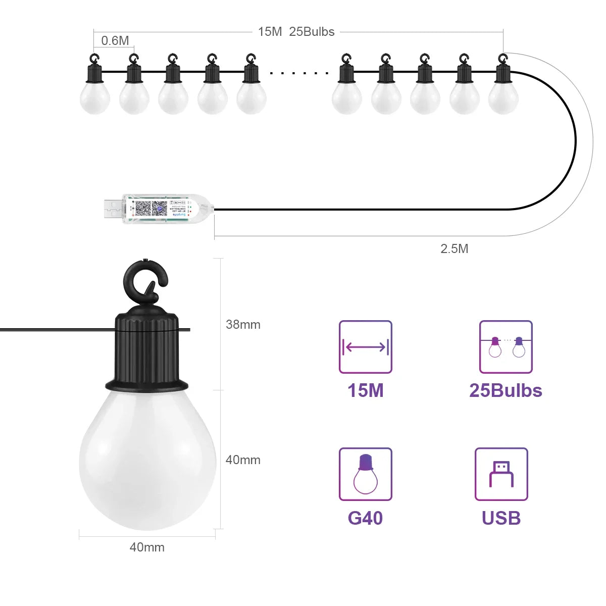 Smart G40 LED Bulb String 15M/30M 25/50 Bulbs Decor Light