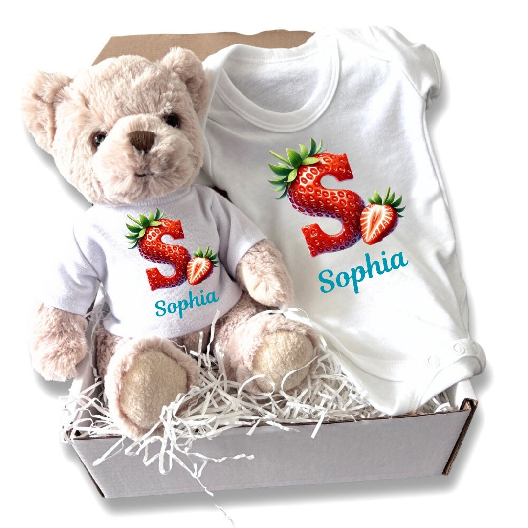 Personalised Strawberry Initial & Name Baby Gift Box - Teddy & Vest