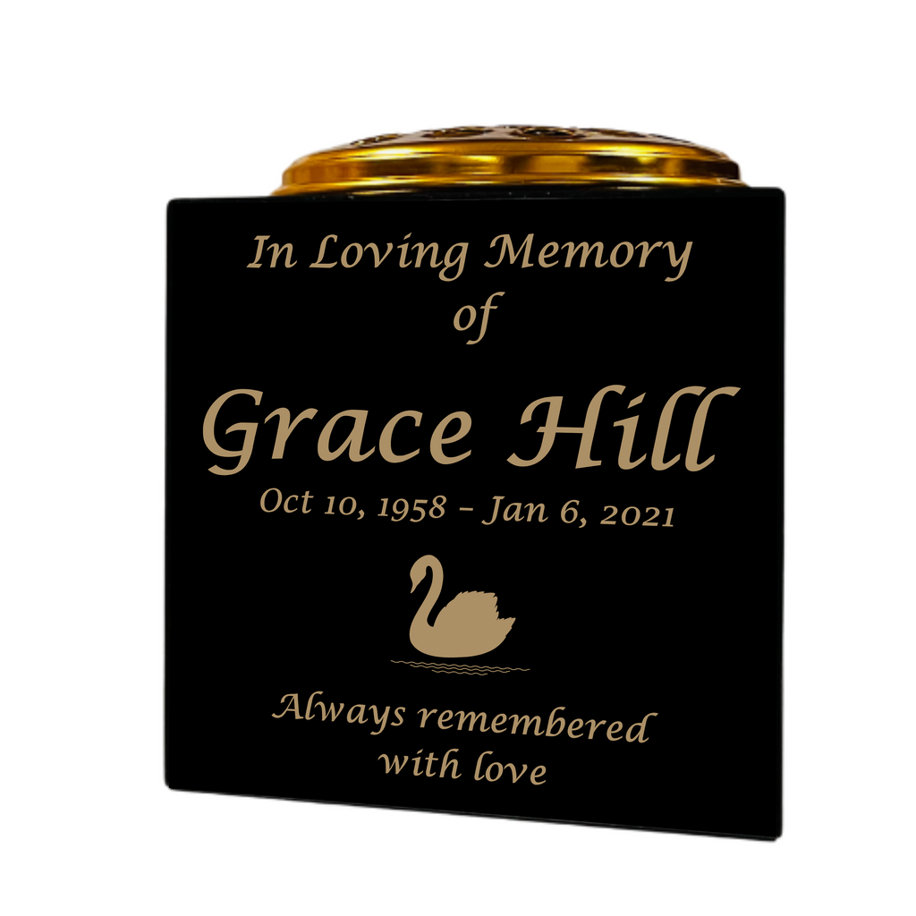 Granite Memorial Vase- Solid Granite – Free Personalised Gold Engraving, Swan 2 – Includes Metal Flower Pot Insert