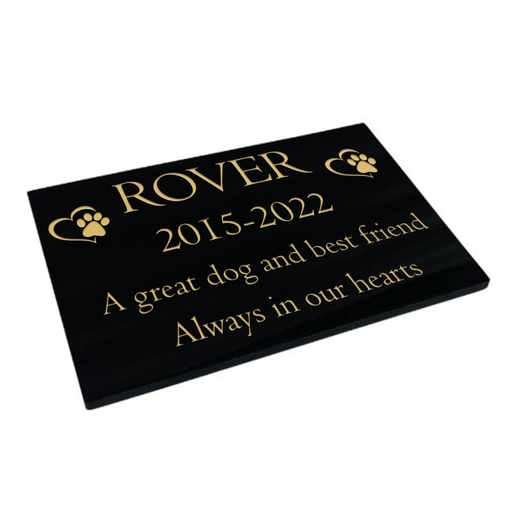 Dog Memorial Plaque (Paw & Heart Design) – Premium Black Granite, Personalised Engraved Tribute