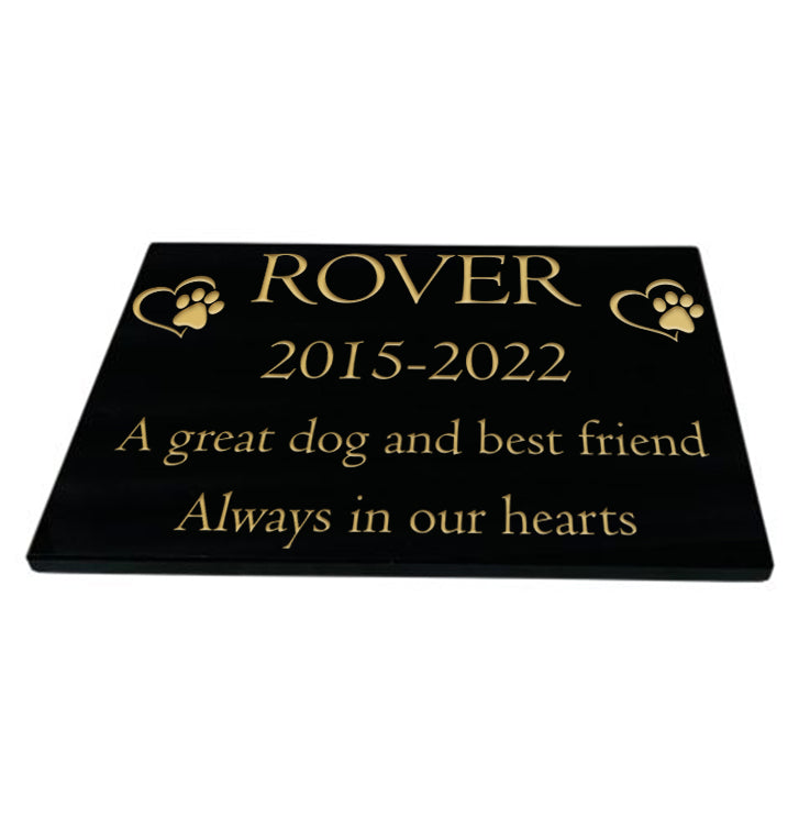 Dog Memorial Plaque (Paw & Heart Design) – Premium Black Granite, Personalised Engraved Tribute