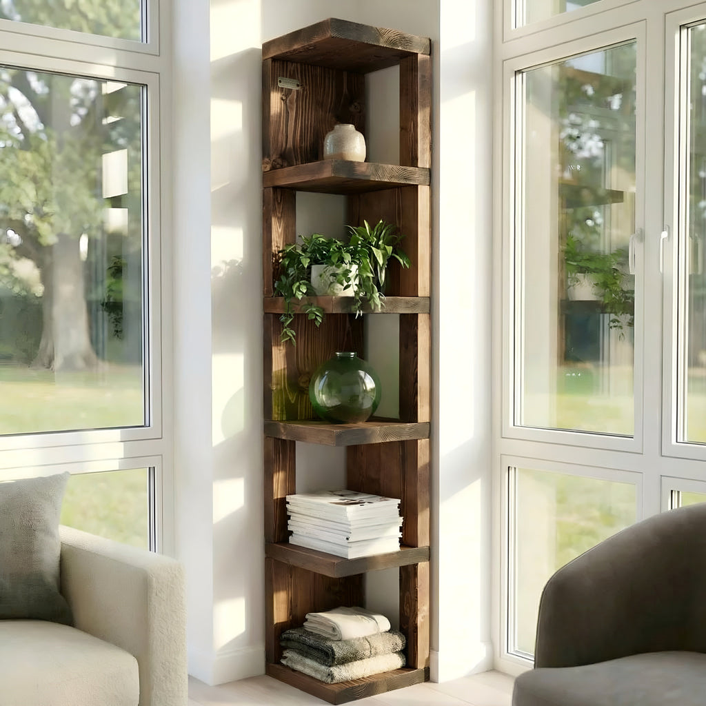 Valora Solid Wood Corner Bookshelf In Walnut Colour – Open Bookcase, Rustic Design