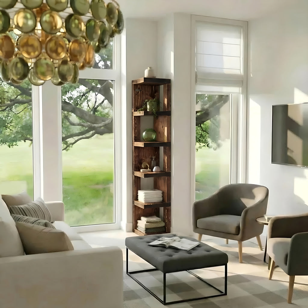 Valora Solid Wood Corner Bookshelf In Walnut Colour – Open Bookcase, Rustic Design