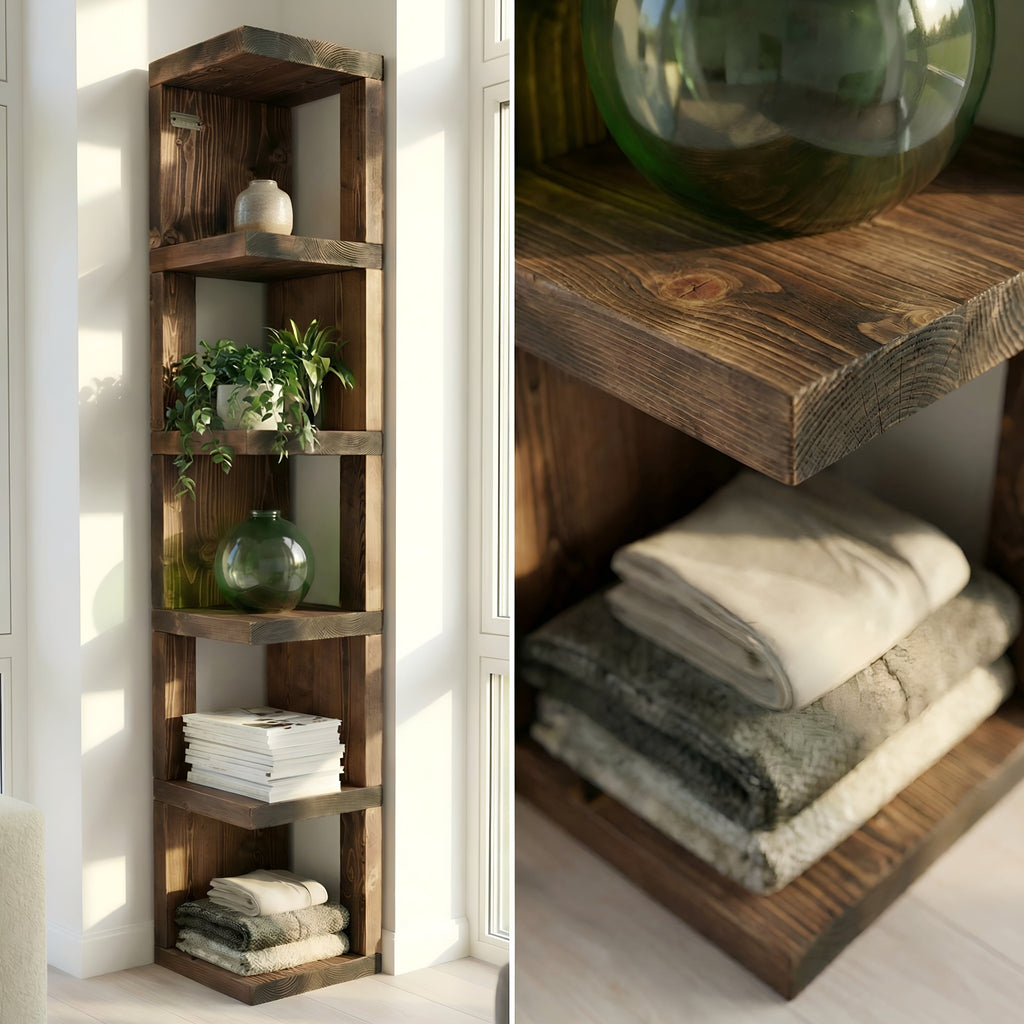 Valora Solid Wood Corner Bookshelf In Walnut Colour – Open Bookcase, Rustic Design