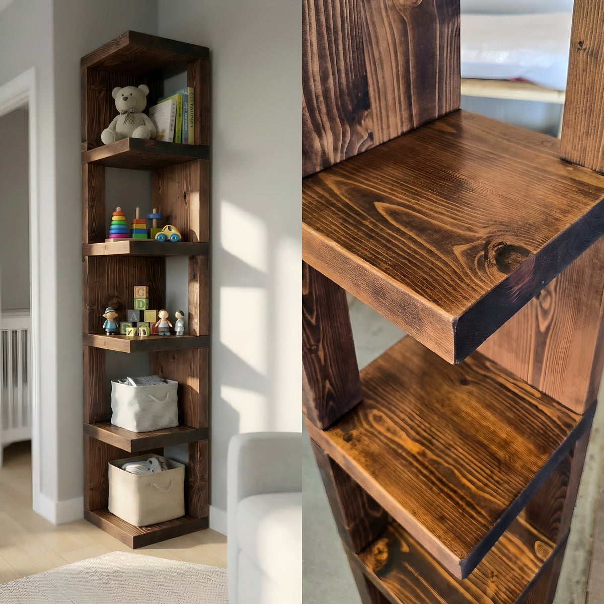 Valora Solid Wood Corner Bookshelf In Walnut Colour – Open Bookcase, Rustic Design