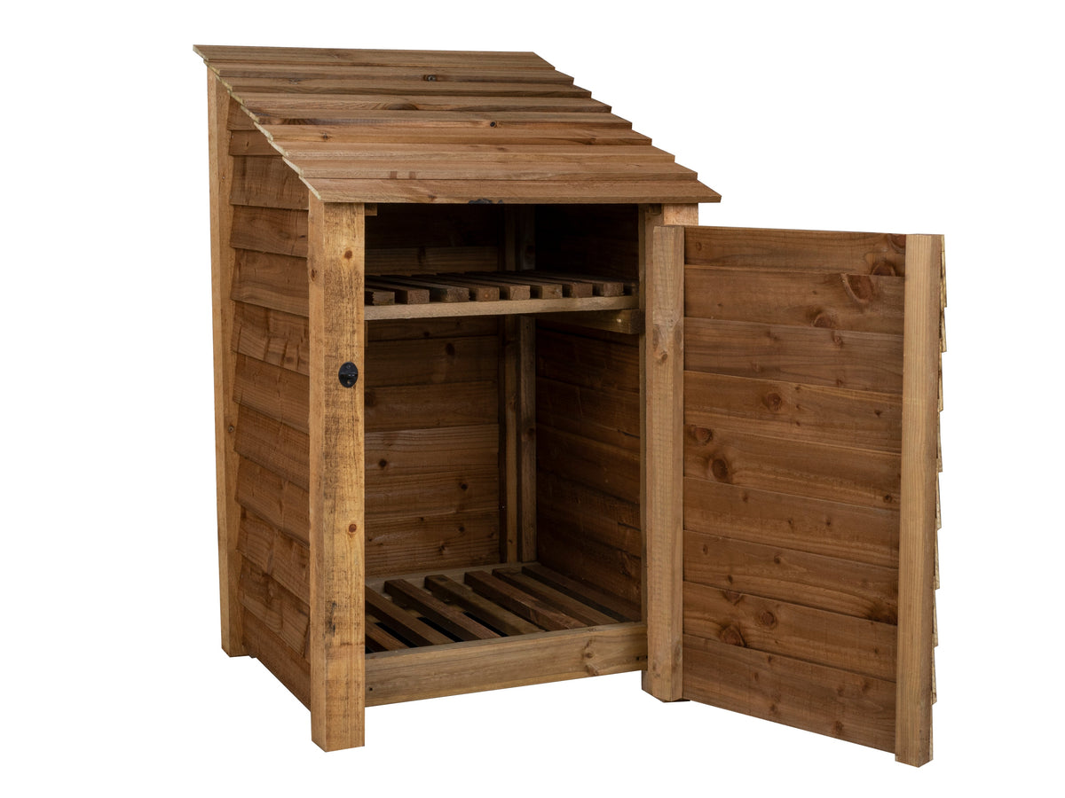 Wooden Log Store with Door and Shelf W-79cm, H-126cm or 180cm, D-88cm - Brown Finish