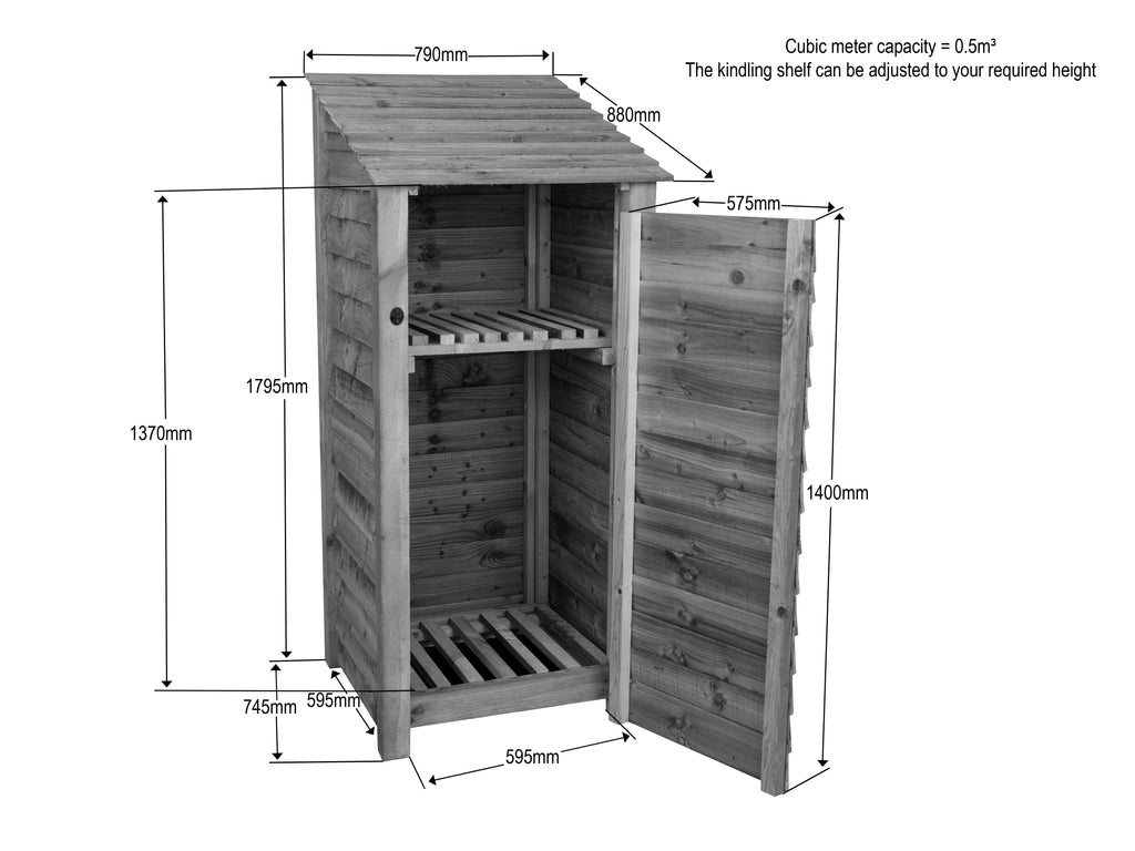 Wooden Log Store with Door and Shelf W-79cm, H-126cm or 180cm, D-88cm - Brown Finish