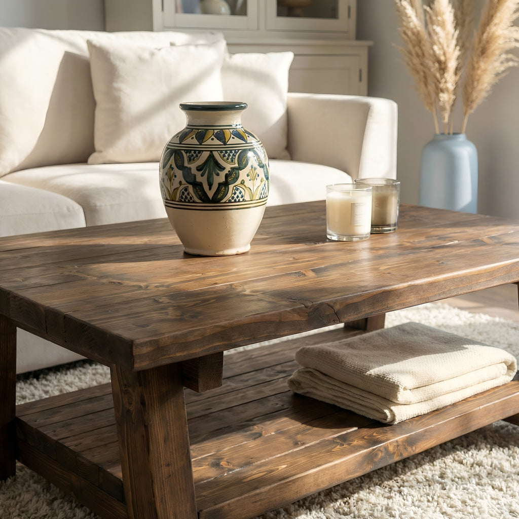 Large ARBA Rustic Wooden Coffee Table With Shelf In Walnut