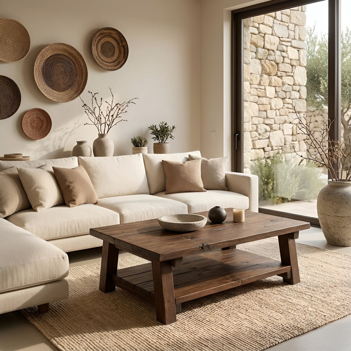 Large ARBA Rustic Wooden Coffee Table With Shelf In Walnut