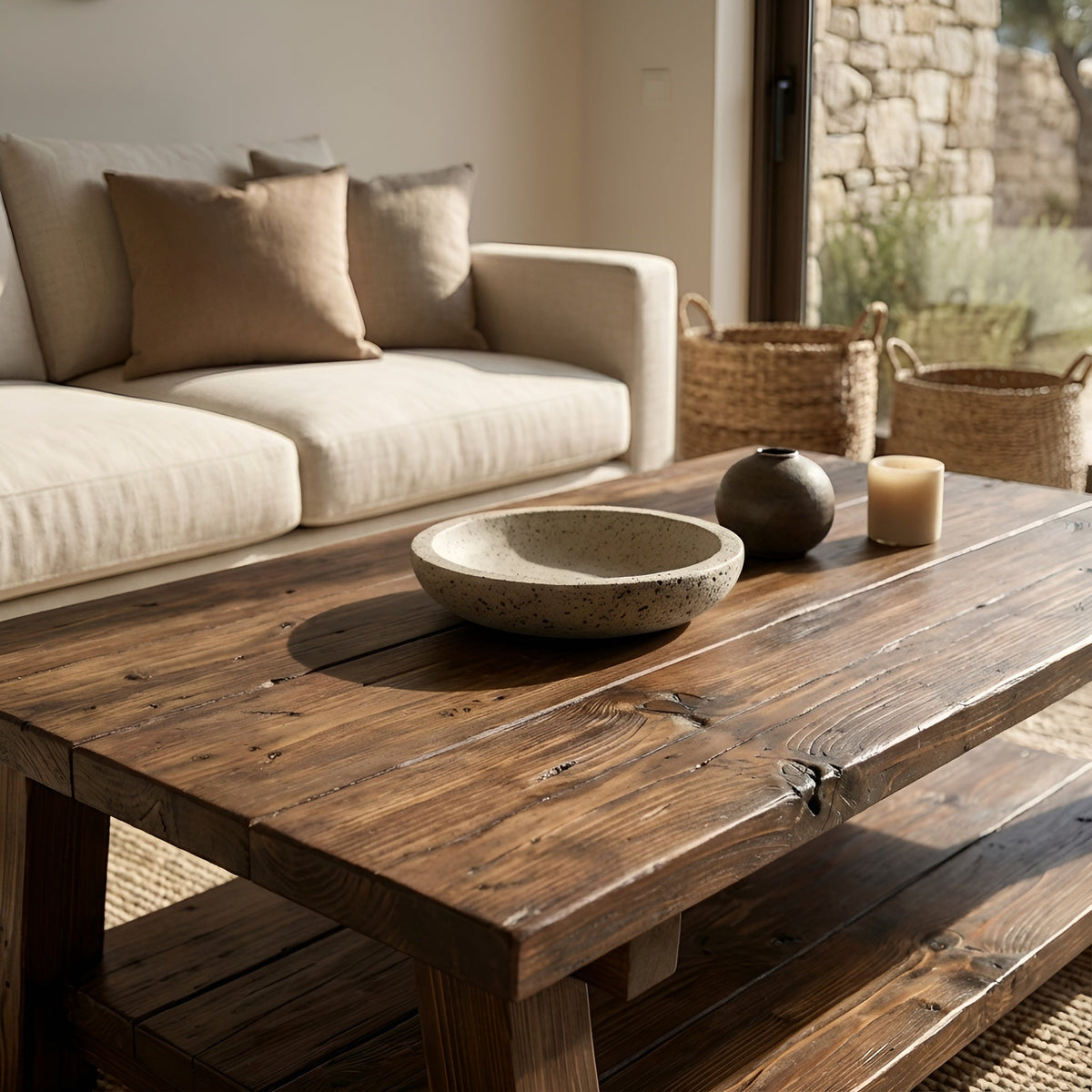 Large ARBA Rustic Wooden Coffee Table With Shelf In Walnut