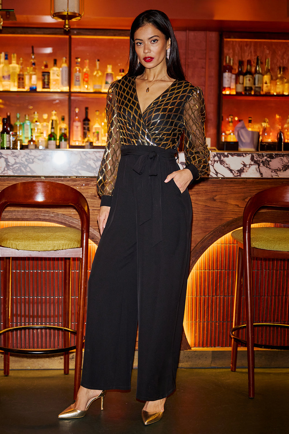 Yumi Black And Gold Sequin Wrap Over Jumpsuit