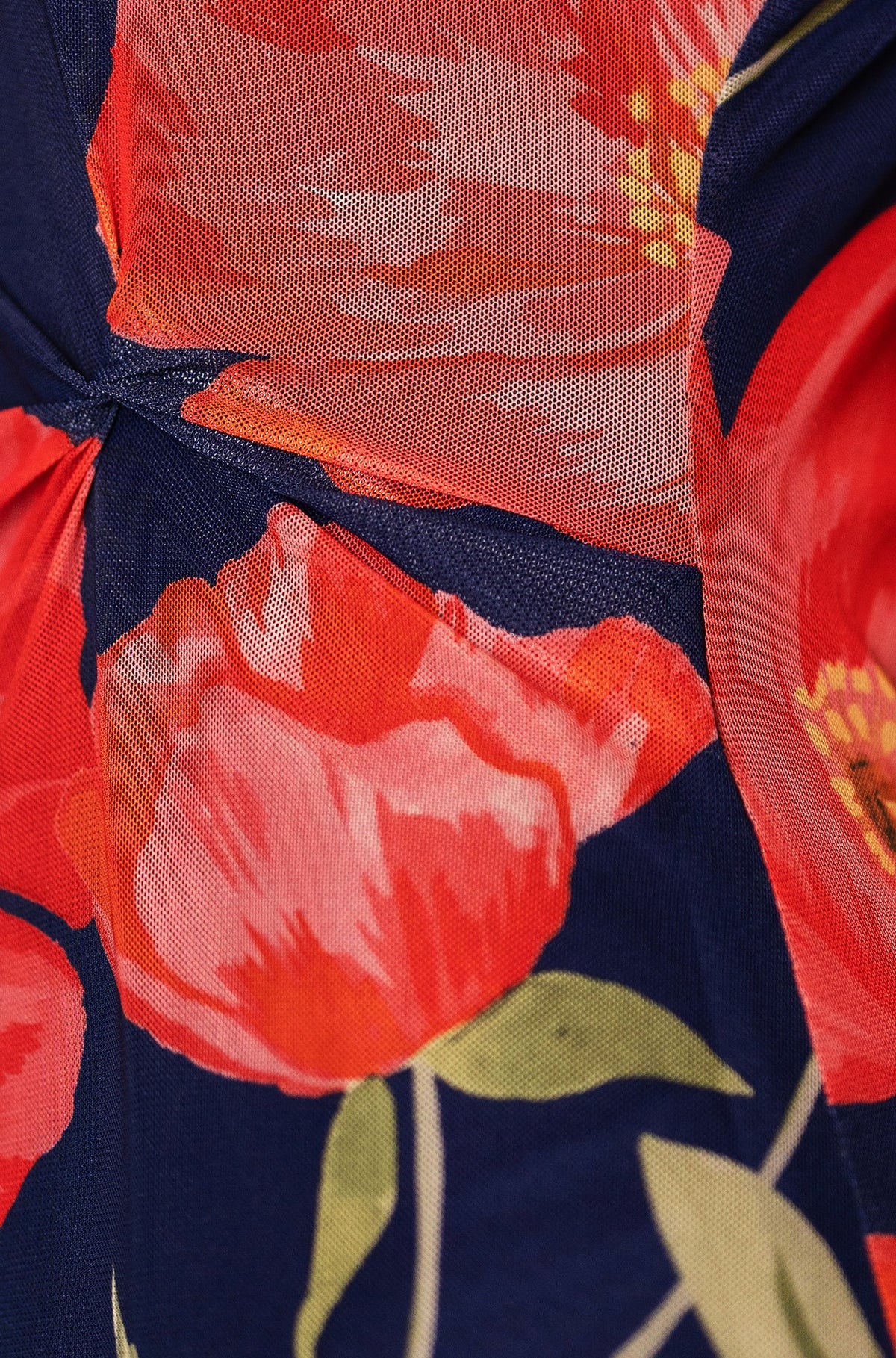 Yumi Navy Poppy Print Midi Mesh Dress