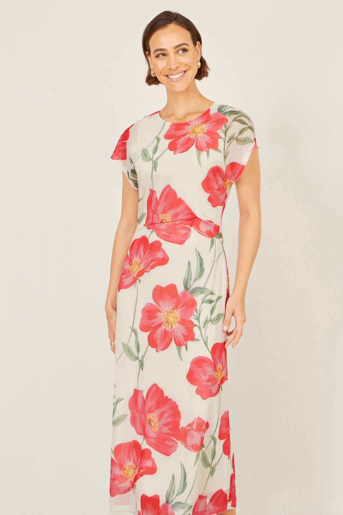 Yumi Ivory Poppy Print Midi Mesh Dress