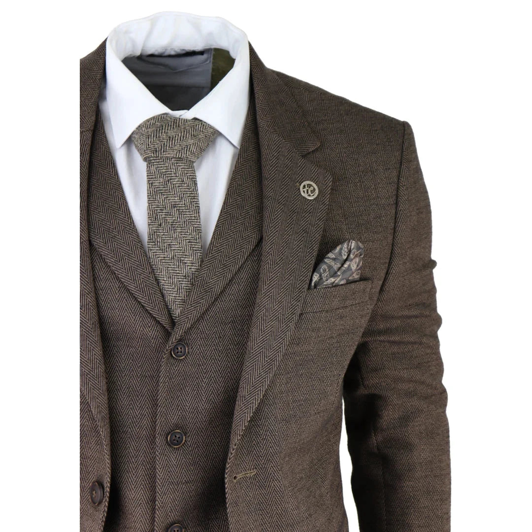 AK-06 - Men's Herringbone Tweed Brown 3 Piece Suit Wedding Blinders