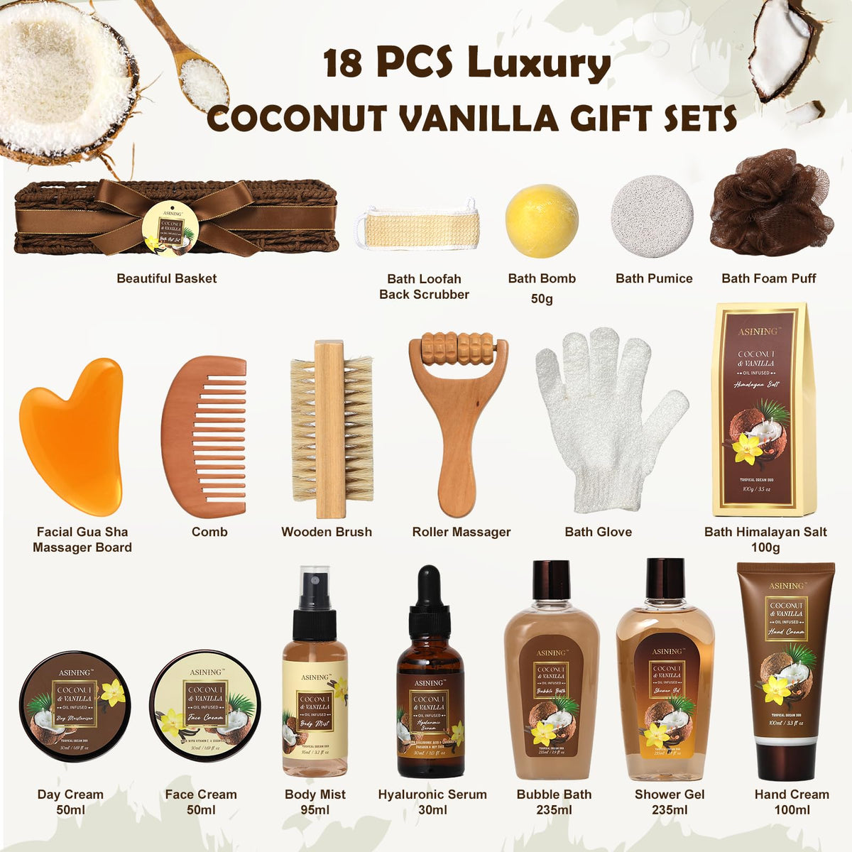 ASINING Spa Basket for Women & Men – Coconut Vanilla Gift Set