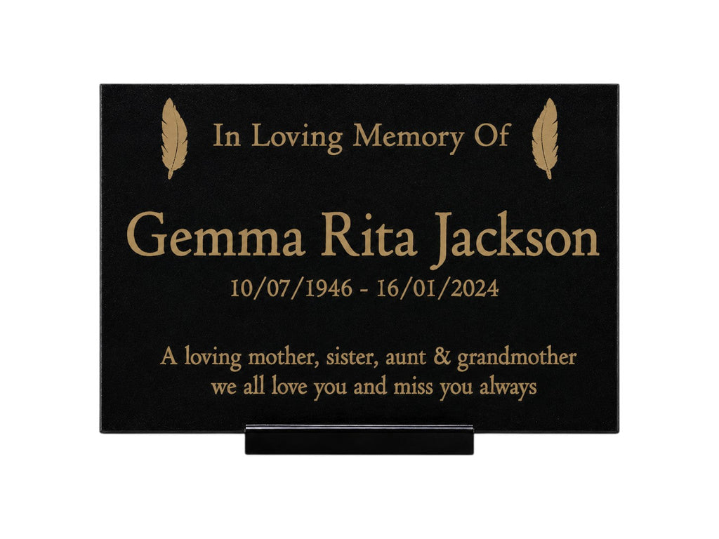 Granite Memorial Plaque, Feather Design, Personalised Engraved Tribute