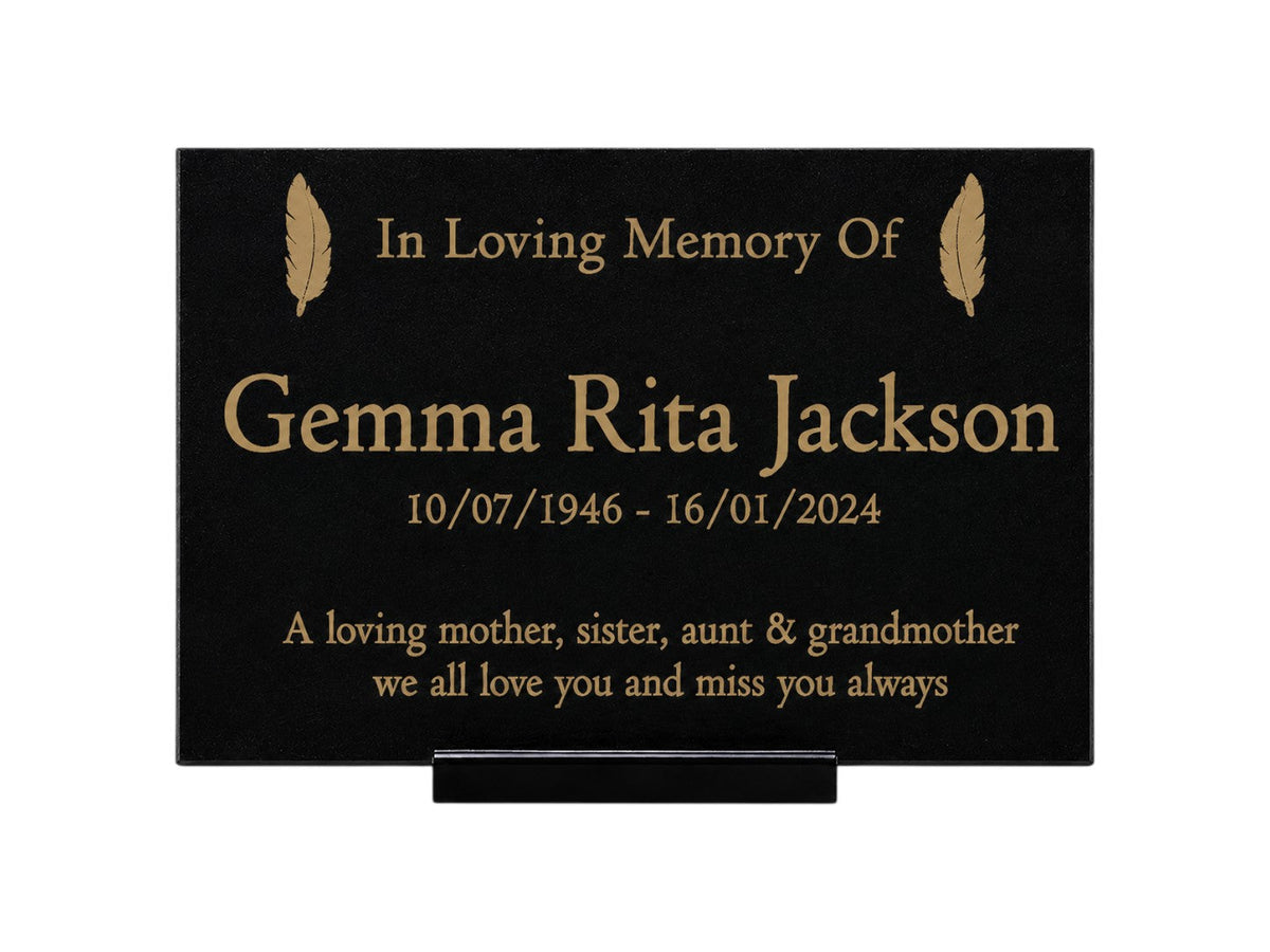 Granite Memorial Plaque, Feather Design, Personalised Engraved Tribute