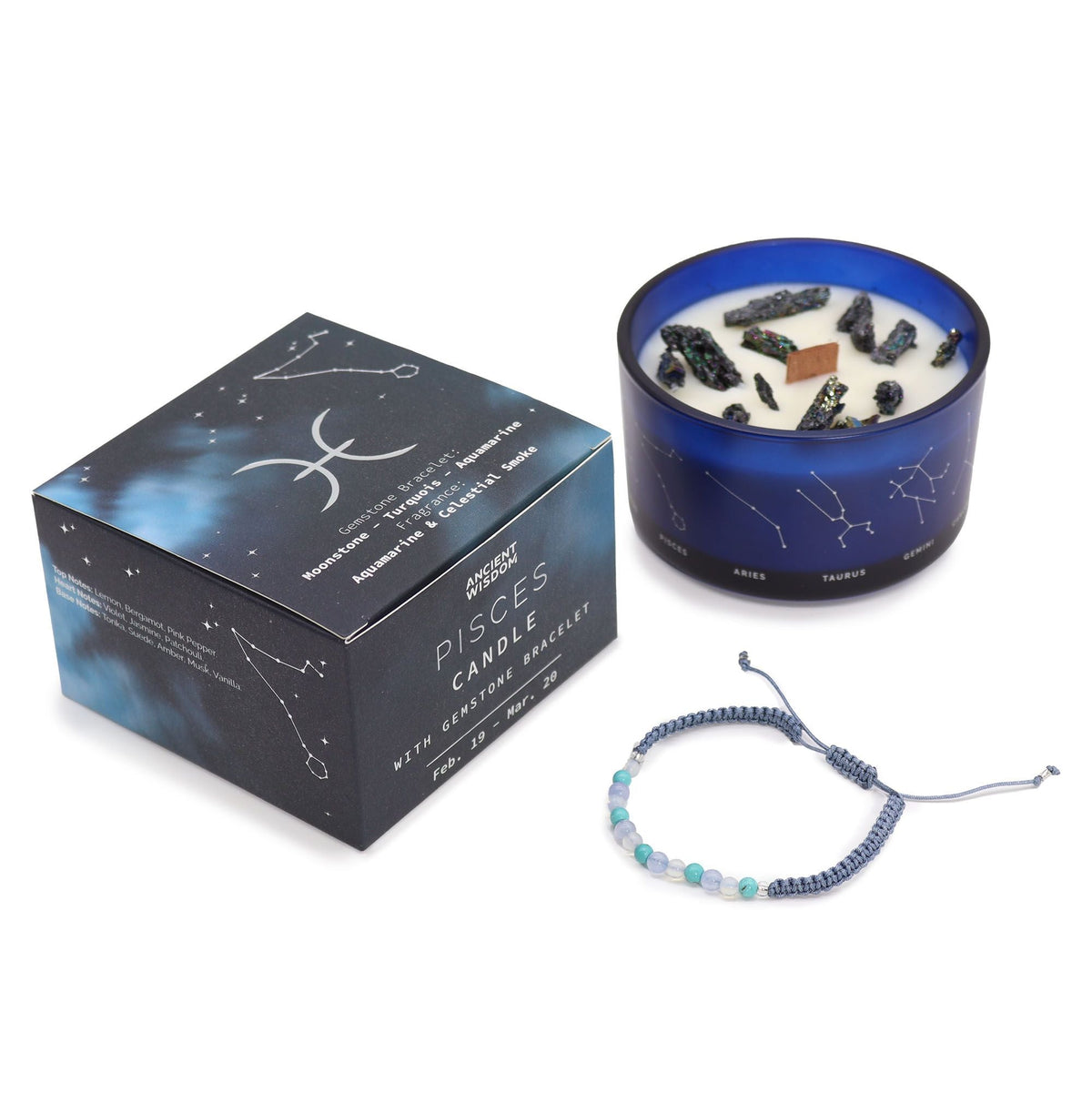 Pisces Zodiac Gift Set — Crystal Candle, Gemstone Bracelet, Bath Fizzers & Fragrance Oil