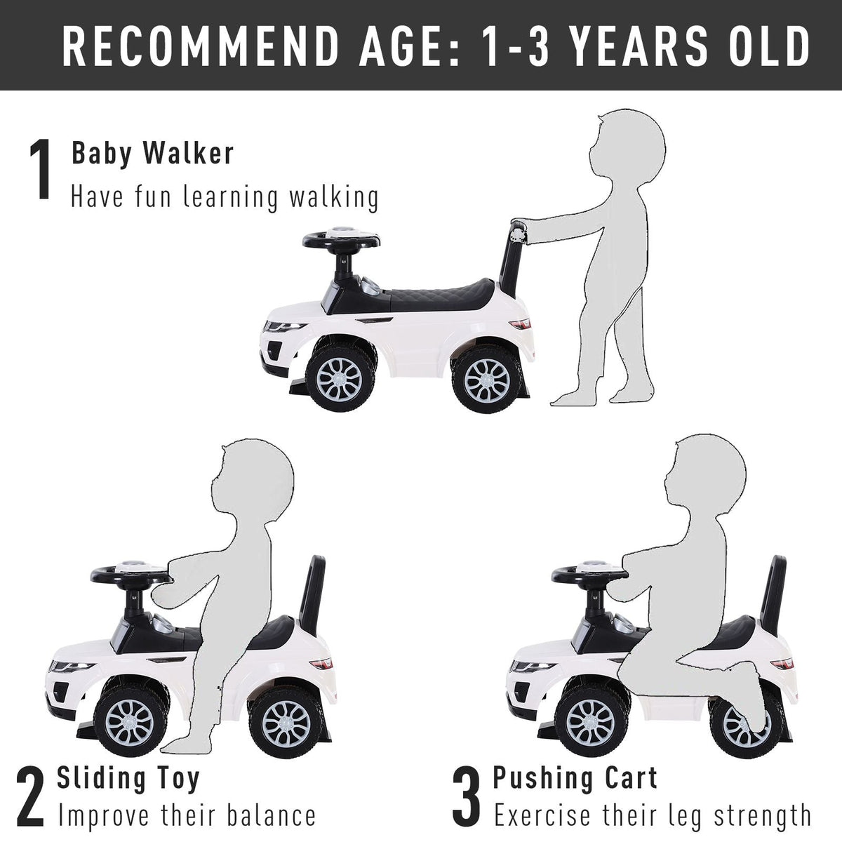 3-in-1 Ride-On Car with Horn, Wheel & Under-Seat Storage