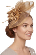 Caprilite Beige Champagne Gold Flower Veil Feathers Fascinator On Headband Wedding