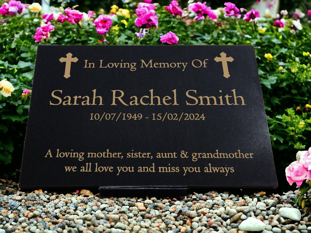 Granite Memorial Plaque, Cross Design, Personalised Engraved Tribute