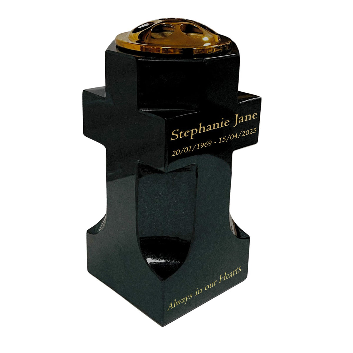 Granite Cross-Shaped Memorial Vase, Premium Black with Gold Metal Flower Pot Insert
