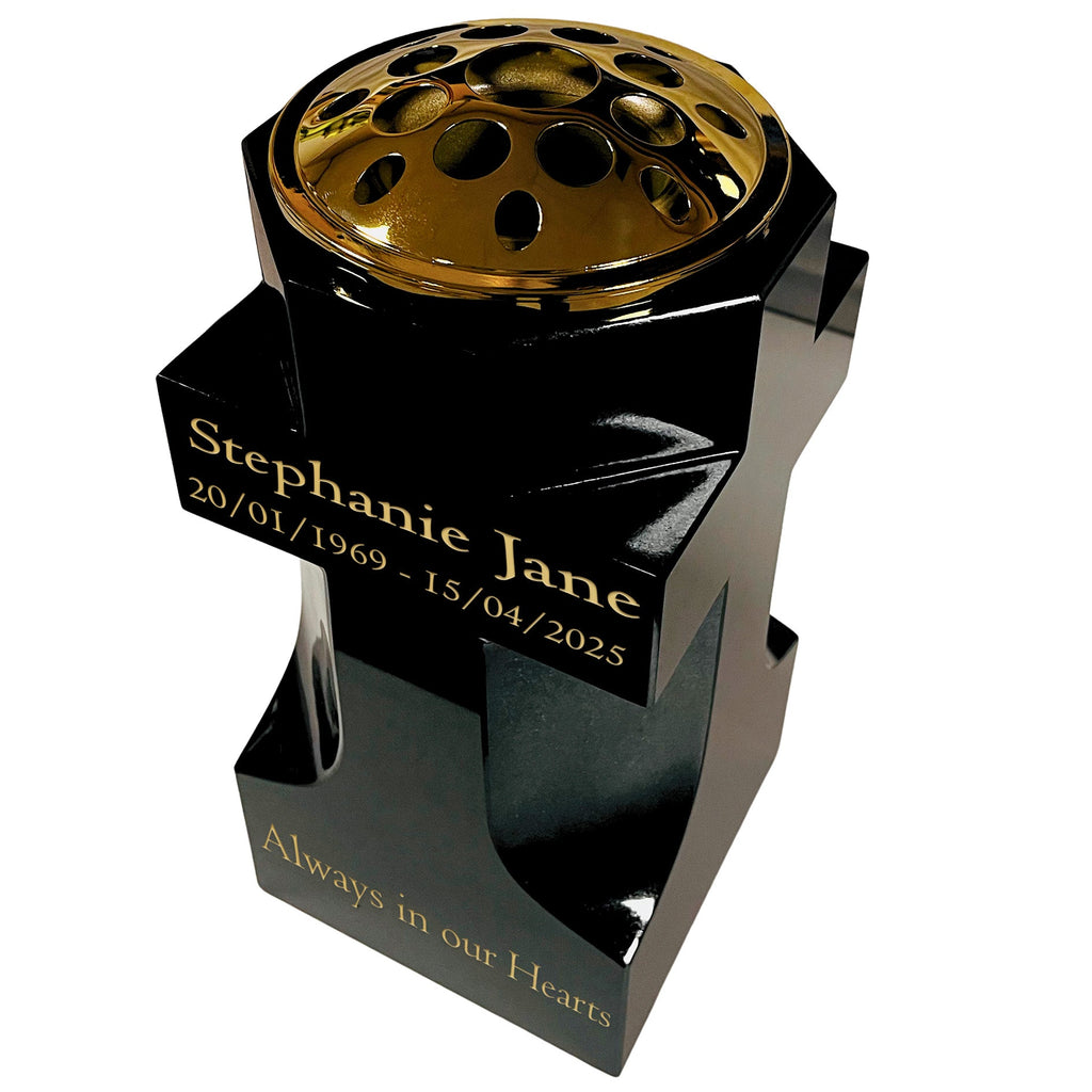 Granite Cross-Shaped Memorial Vase, Premium Black with Gold Metal Flower Pot Insert