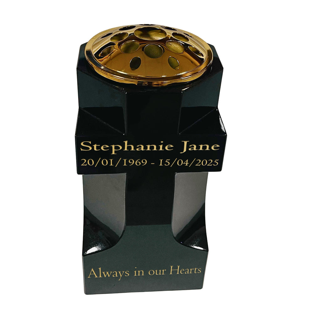 Granite Cross-Shaped Memorial Vase, Premium Black with Gold Metal Flower Pot Insert
