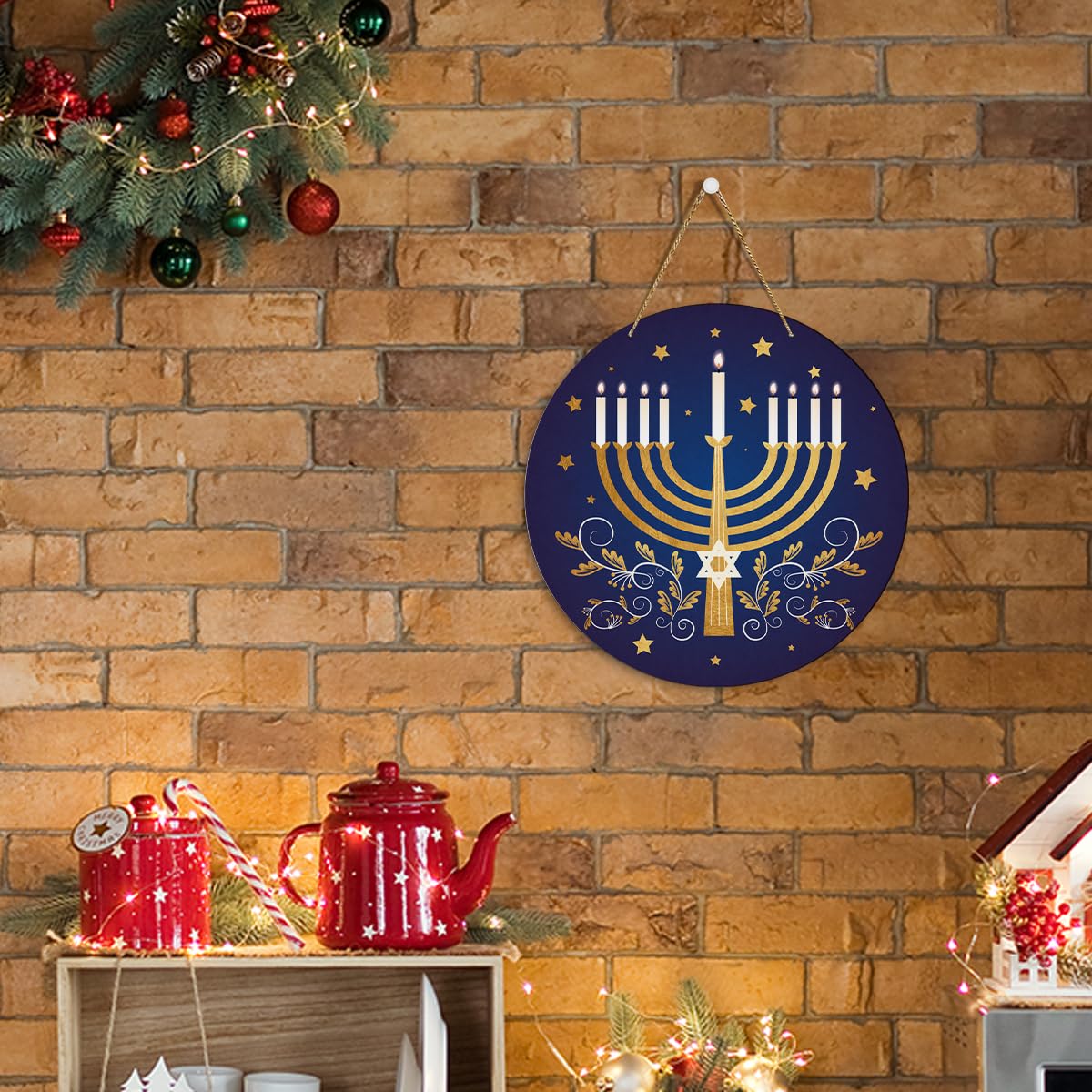 EODFFSGF Hanukkah Wall Decor – 11.8in Wood Chanukah Sign & Dreidel