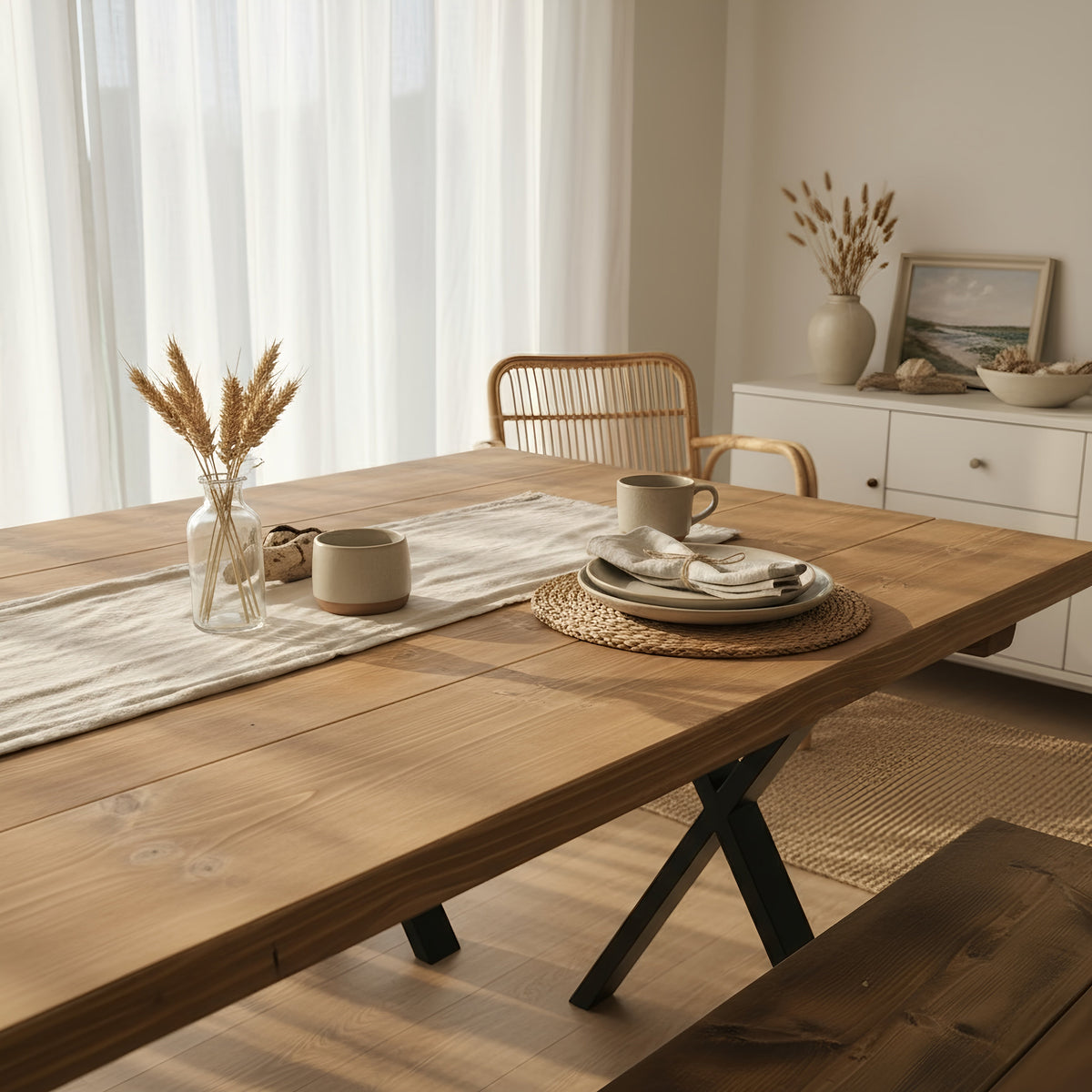 Farmhouse Dining Table With Bench and Black Metal Cross Legs