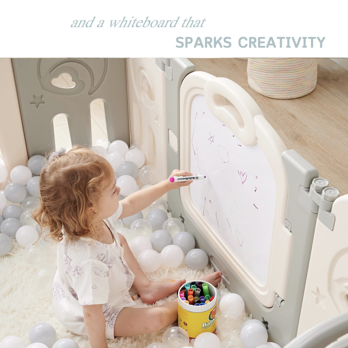 Fortella Cloud Castle Foldable Playpen – Whiteboard & Activity Wall (Gray, 14 Panels)
