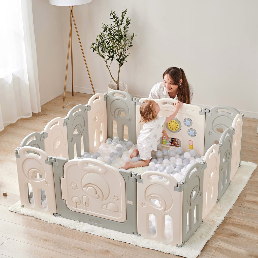 Fortella Cloud Castle Foldable Playpen – Whiteboard & Activity Wall (Gray, 14 Panels)