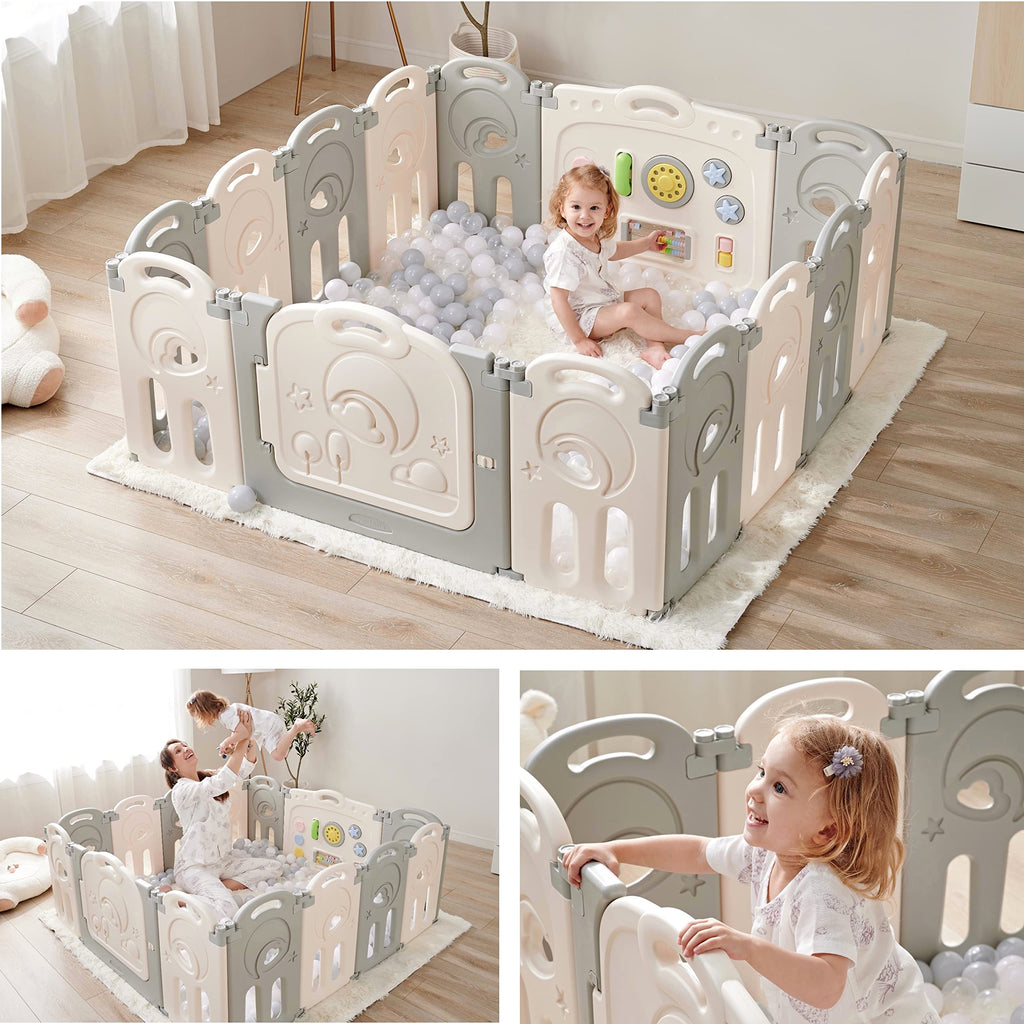 Fortella Cloud Castle Foldable Playpen – Whiteboard & Activity Wall (Gray, 14 Panels)