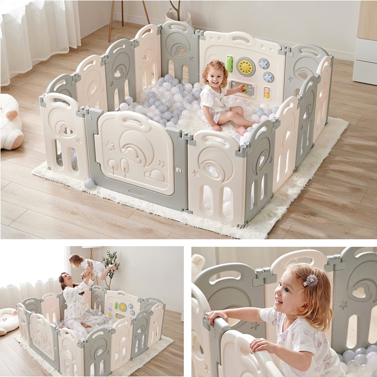 Fortella Cloud Castle Foldable Playpen – Whiteboard & Activity Wall (Gray, 14 Panels)