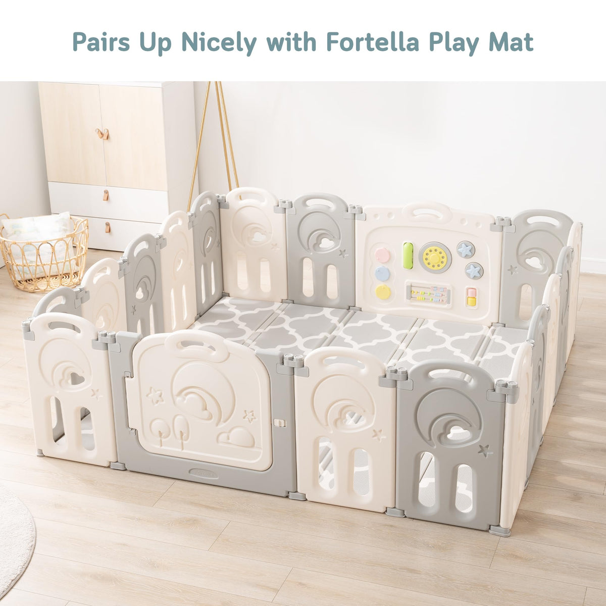 Fortella Cloud Castle Foldable Playpen – Whiteboard & Activity Wall (Gray, 14 Panels)