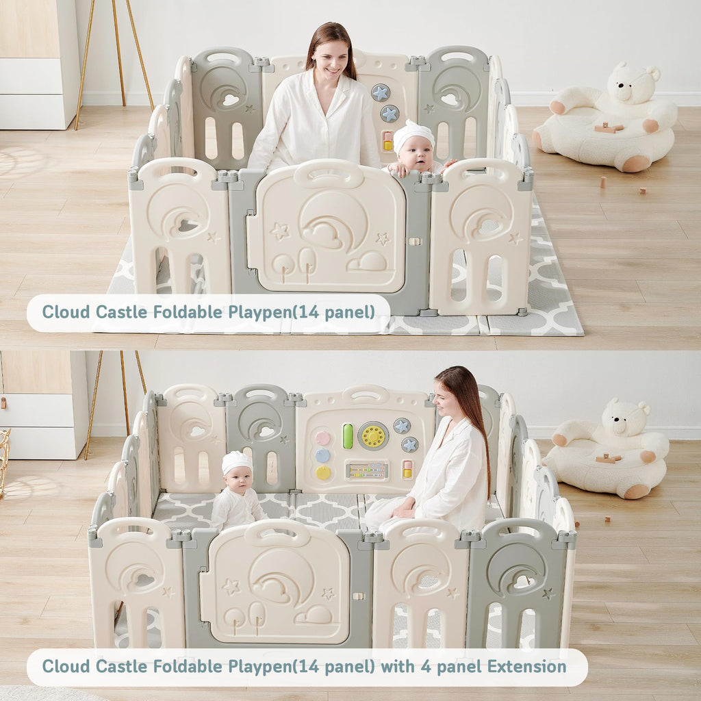 Fortella Cloud Castle Foldable Playpen – Whiteboard & Activity Wall (Gray, 14 Panels)