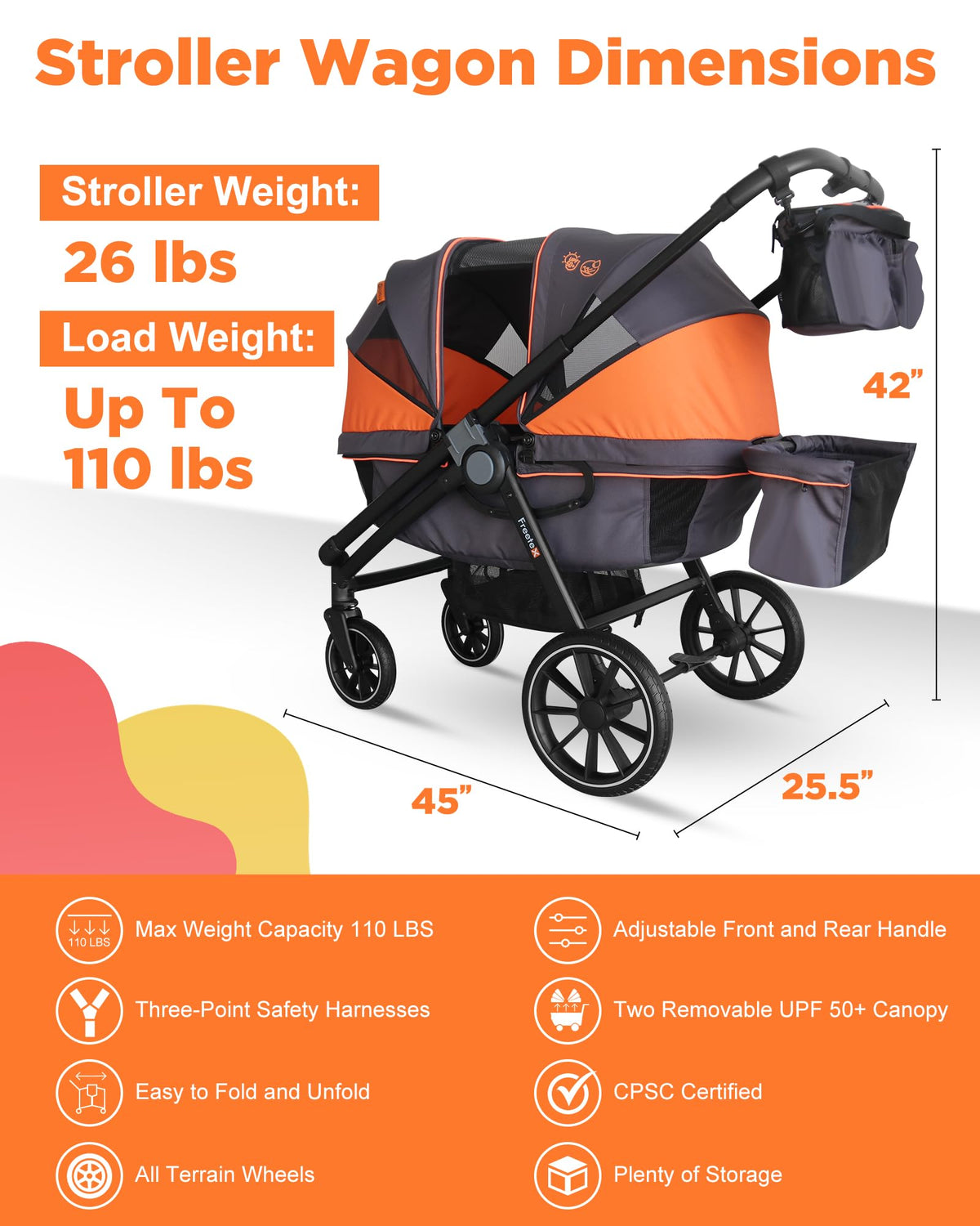 Freetex Tandem Wagon Stroller – All-Terrain 2-in-1 Push & Pull with Double Seat