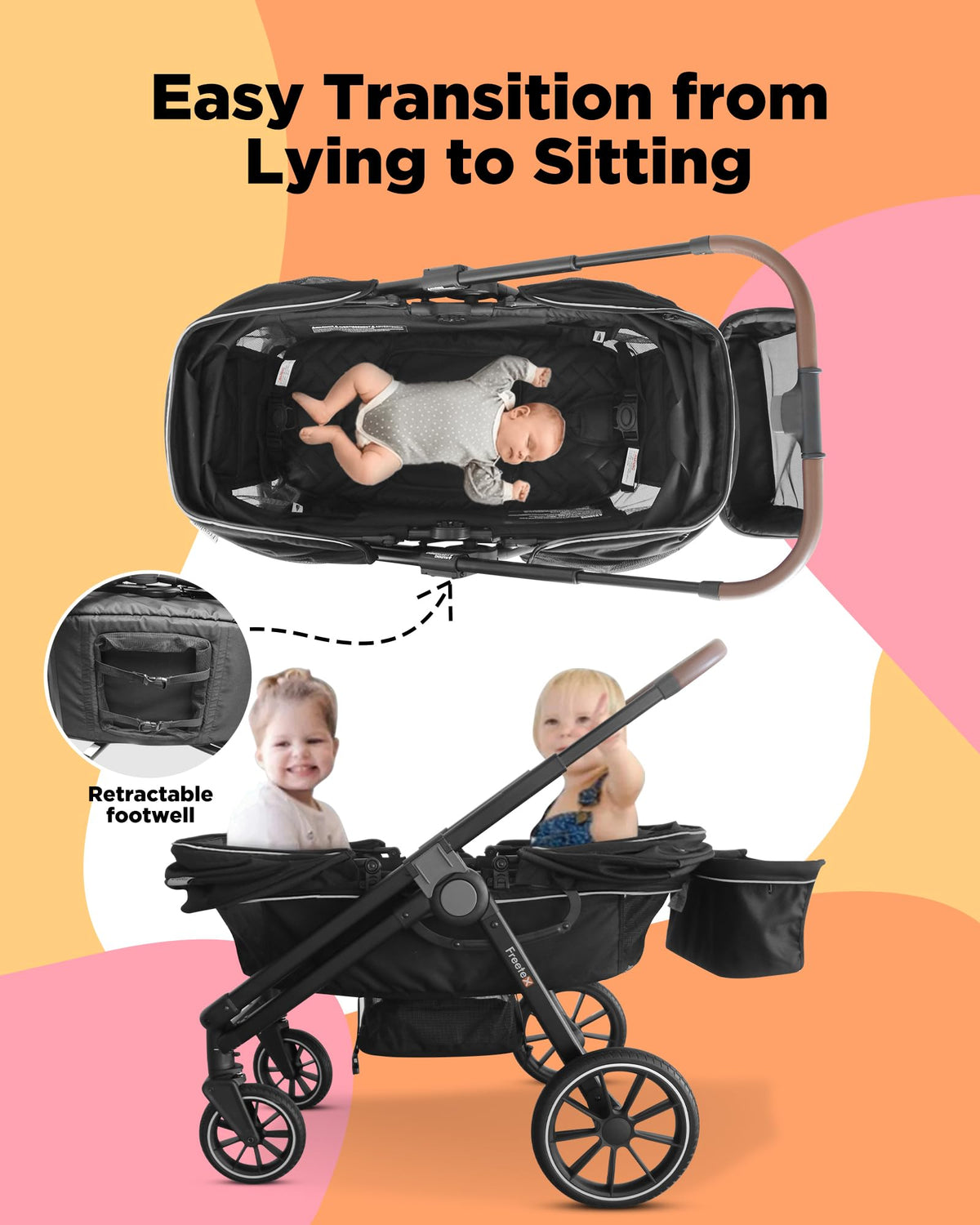 Freetex Tandem Wagon Stroller – All-Terrain 2-in-1 Push & Pull with Double Seat