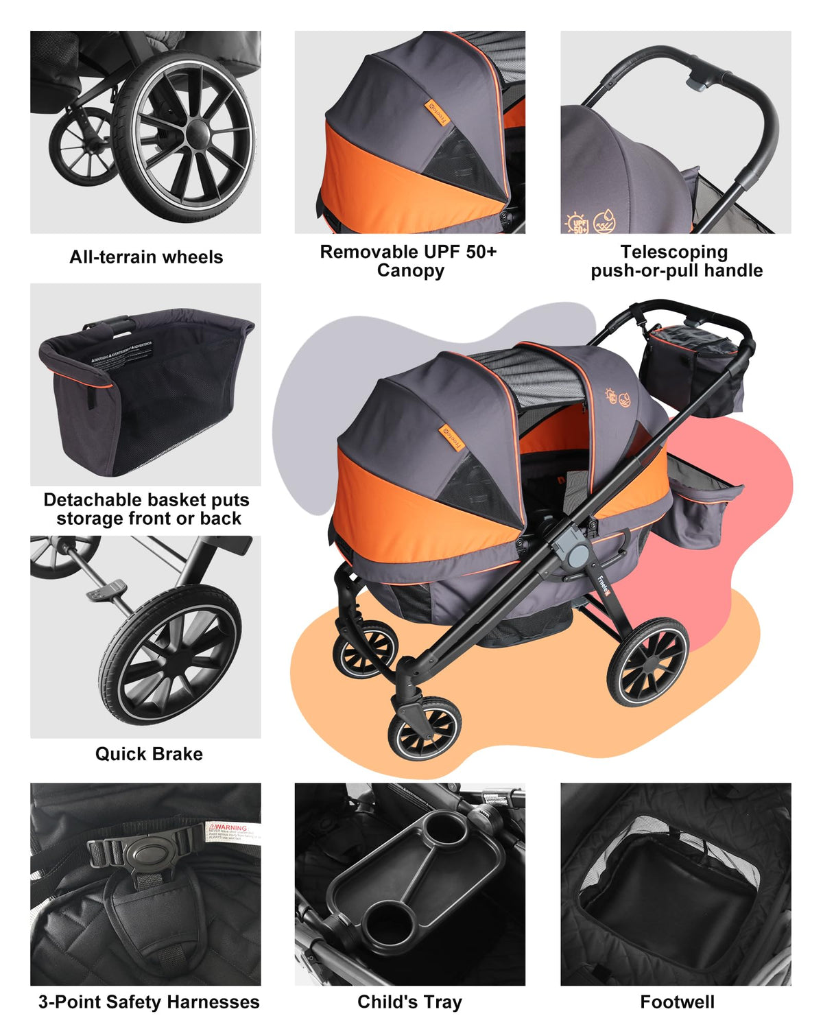 Freetex Tandem Wagon Stroller – All-Terrain 2-in-1 Push & Pull with Double Seat