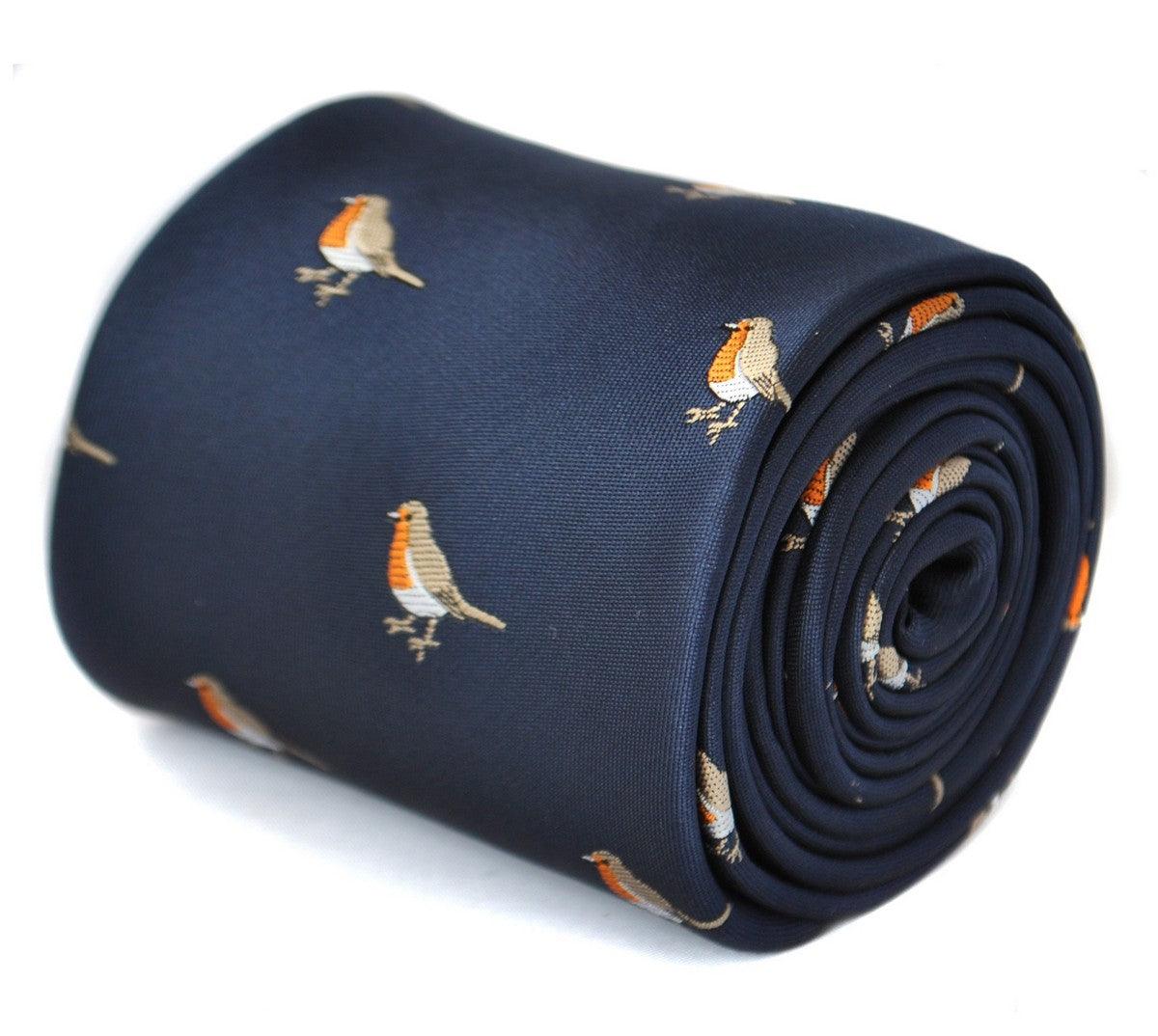 navy  tie with embroidered robin design