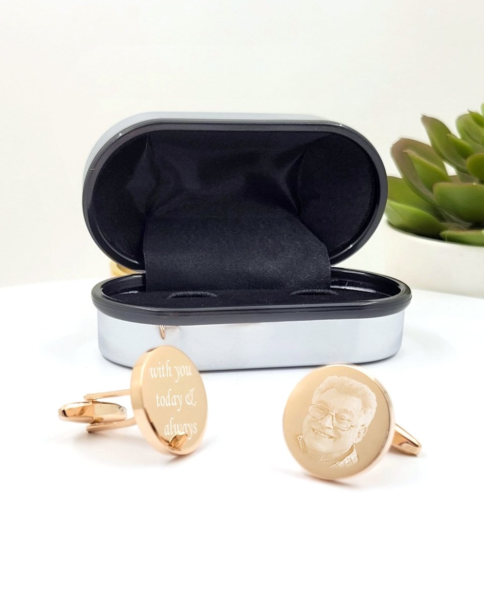 Personalised Gold Cufflinks – Photo Engraved Pair with Chrome Case