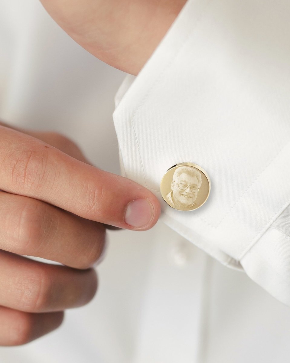 Personalised Gold Cufflinks – Photo Engraved Pair with Chrome Case
