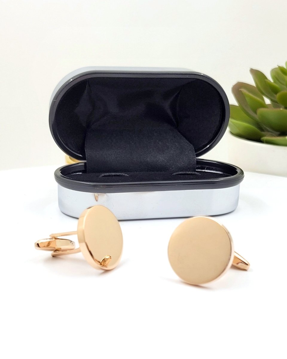 Personalised Gold Cufflinks – Photo Engraved Pair with Chrome Case