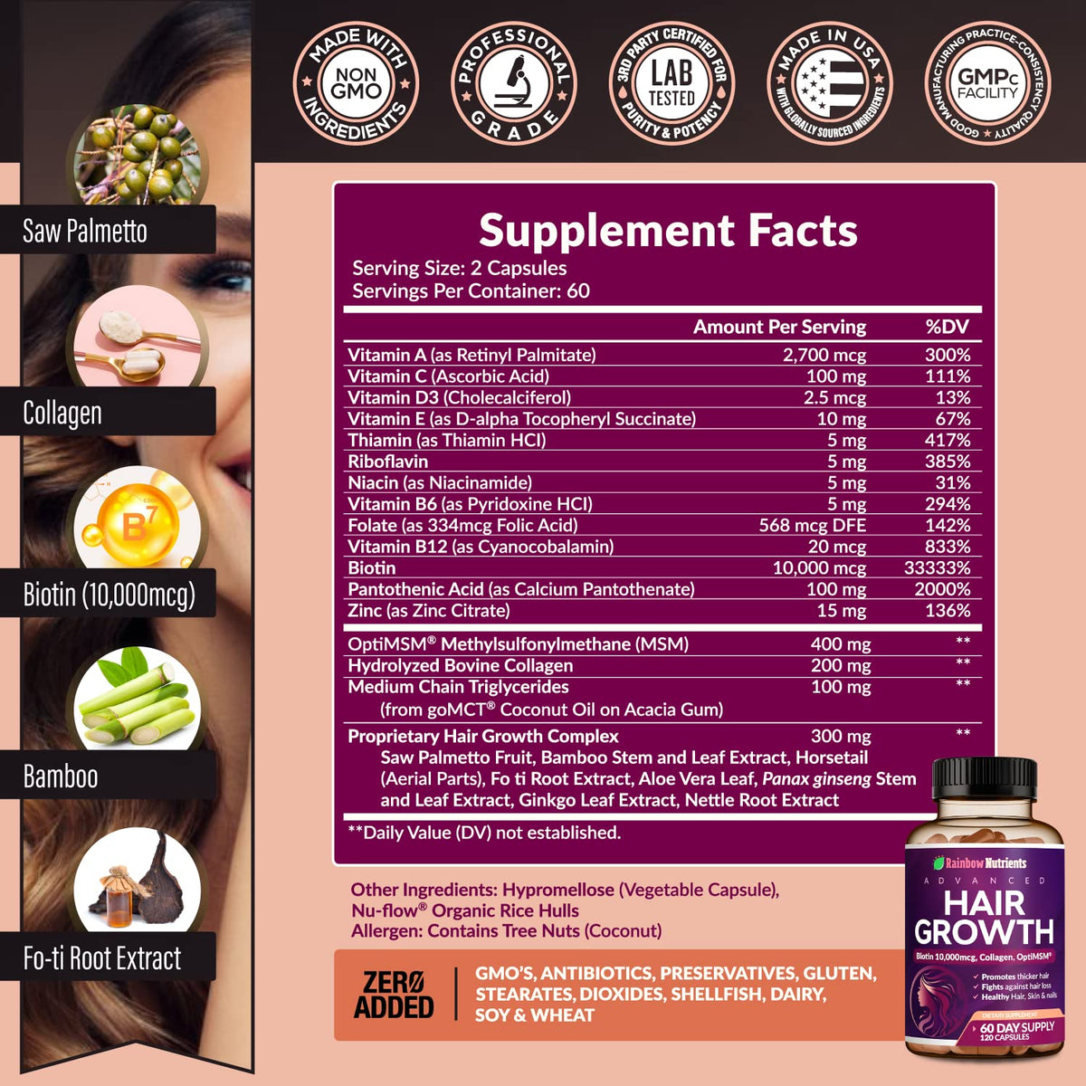 Hair Growth Vitamins for Women - Biotin 10,000mcg, Collagen, OptiMSM | Rainbow Nutrients