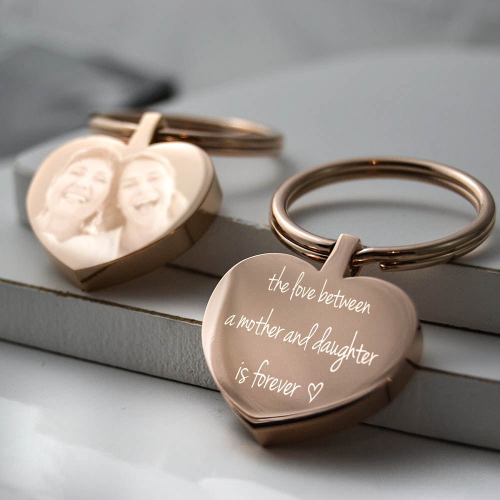 Personalised Rose Gold Heart Keyring – Double-Sided Photo Engraving