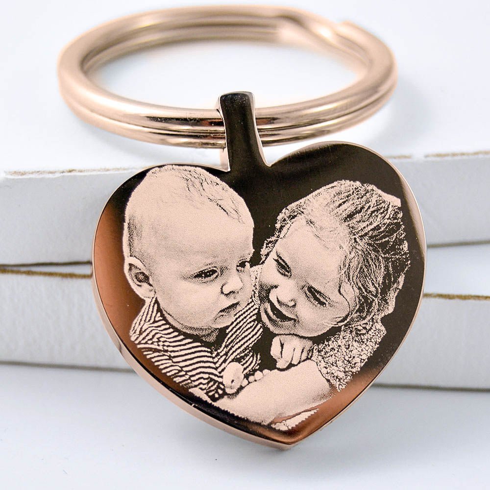 Personalised Rose Gold Heart Keyring – Double-Sided Photo Engraving